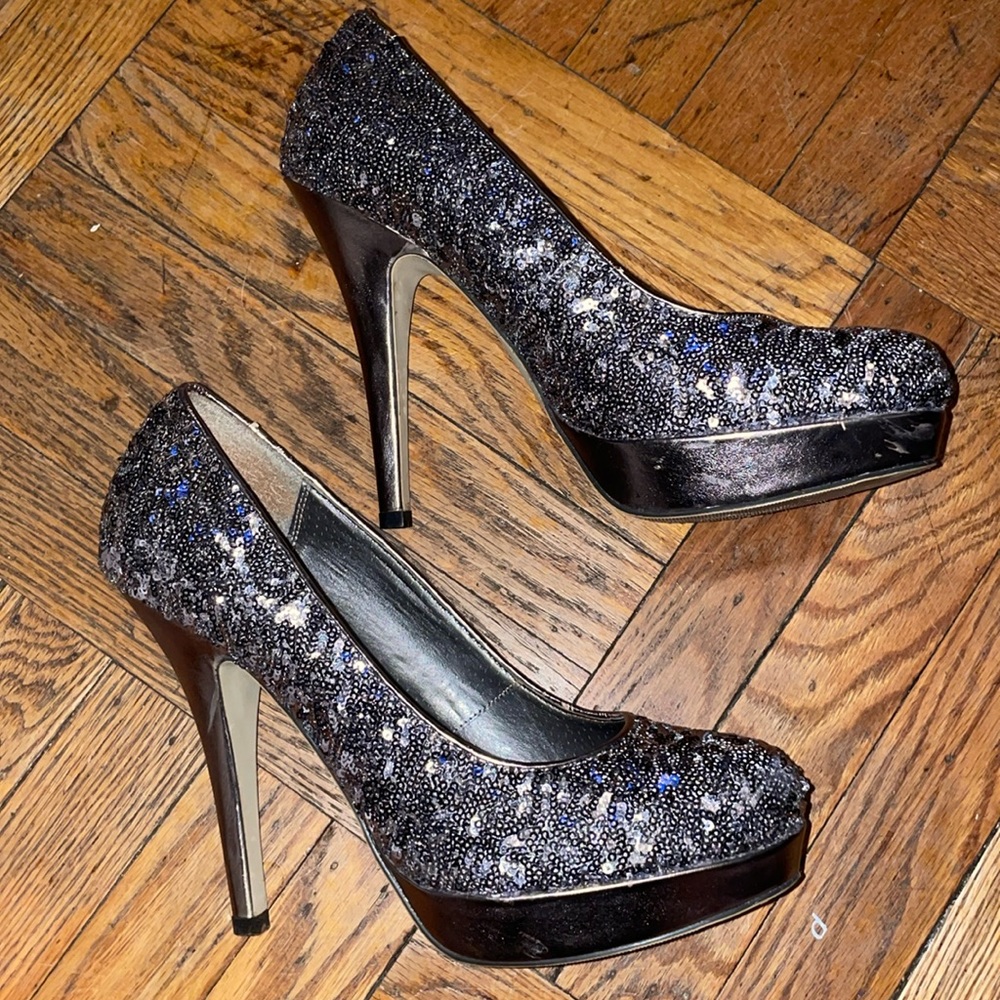 Olsenboye Platform Pewter Sequin Heels